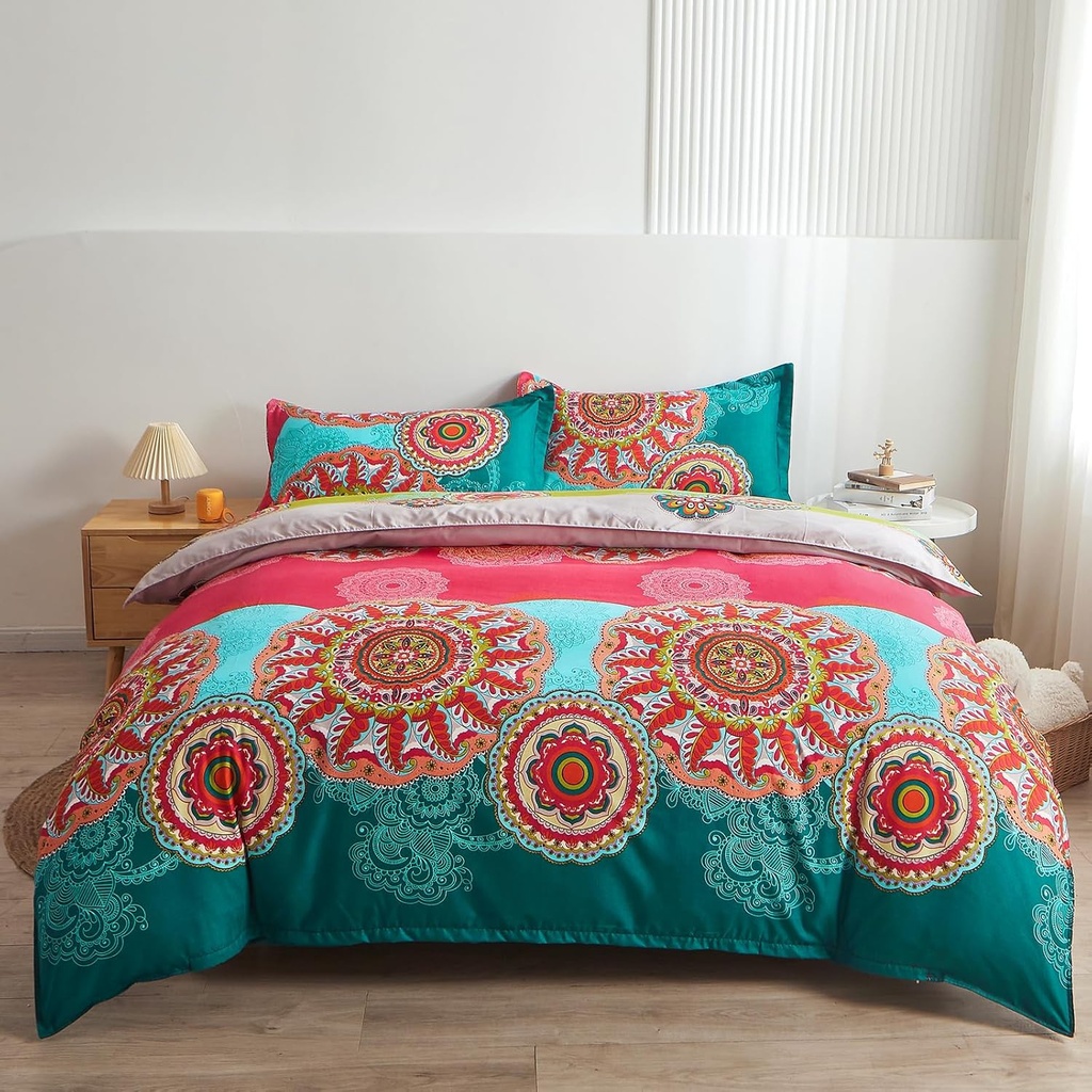 Pangzi Bohemian Duvet Cover Full Size,Microfiber Bedding Comforter Cover Set,Boho Colorful Retro Print Duvet Cover