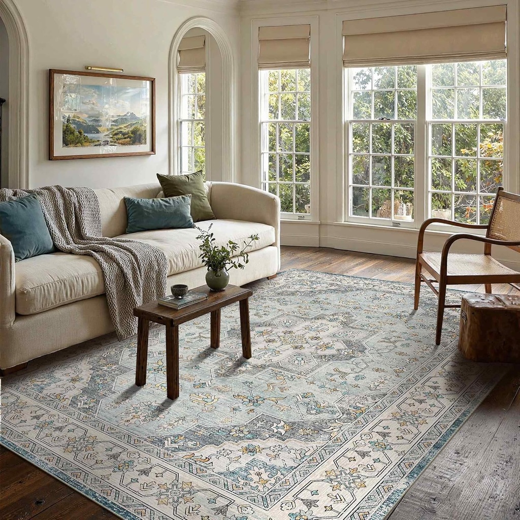 Area Rugs 5x7, Washable Rugs for Living Room, Bedroom, Blue Floral Rug, Vintage Boho Indoor Soft Carpet for Dining Room, Low Pile Rugs for Office, Farmhouse