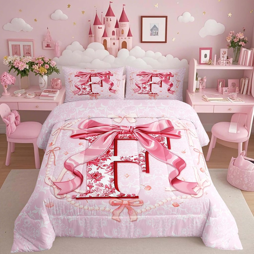Erosebridal 3D Initial Letter F Full Size Comforter Sets with Unique Bow Design Coquette Pink Bow Bedding for Mom/Sister Aesthetic Bowknot Cute Preppy Duvet Insert Flower Floral Monogram Bed Set (F)