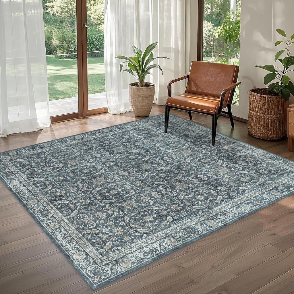 Washable Living Room Rug: 5x7 Boho Vintage Soft Area Rug - Oriental Farmhouse Low Pile Thin Carpet for Bedroom Dining Room Home Office Decor Non-Slip Stain-Resistant - Smoky Indigo