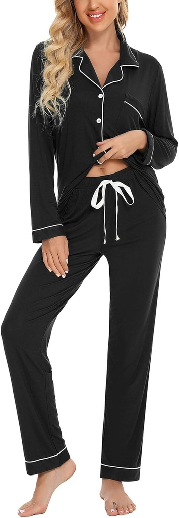 Anjue Button Up Pajamas for Women Long Sleeve Shirt and Pajama Pants Lounge Sets S-XXL