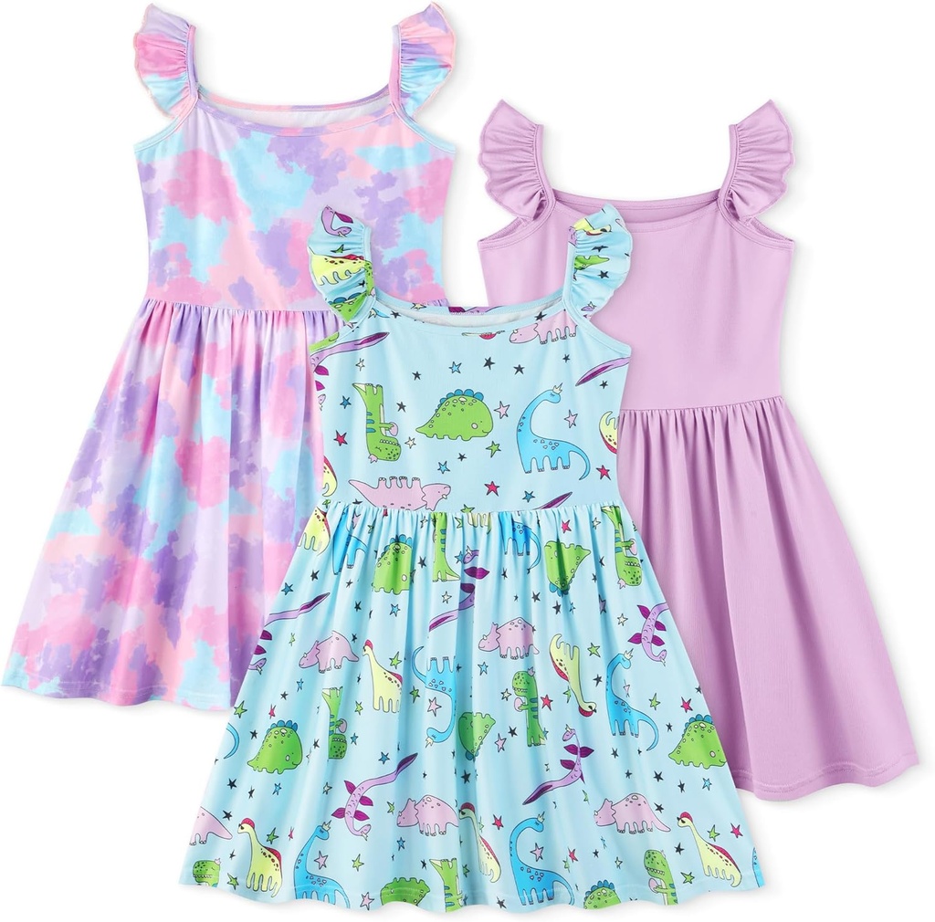 Cooraby 3 Pack Girls Dresses Toddler Ruffle Sleeve Dress Sleeveless Dresses Swing Sundress Cute Casual Dresses for Daily Wear
