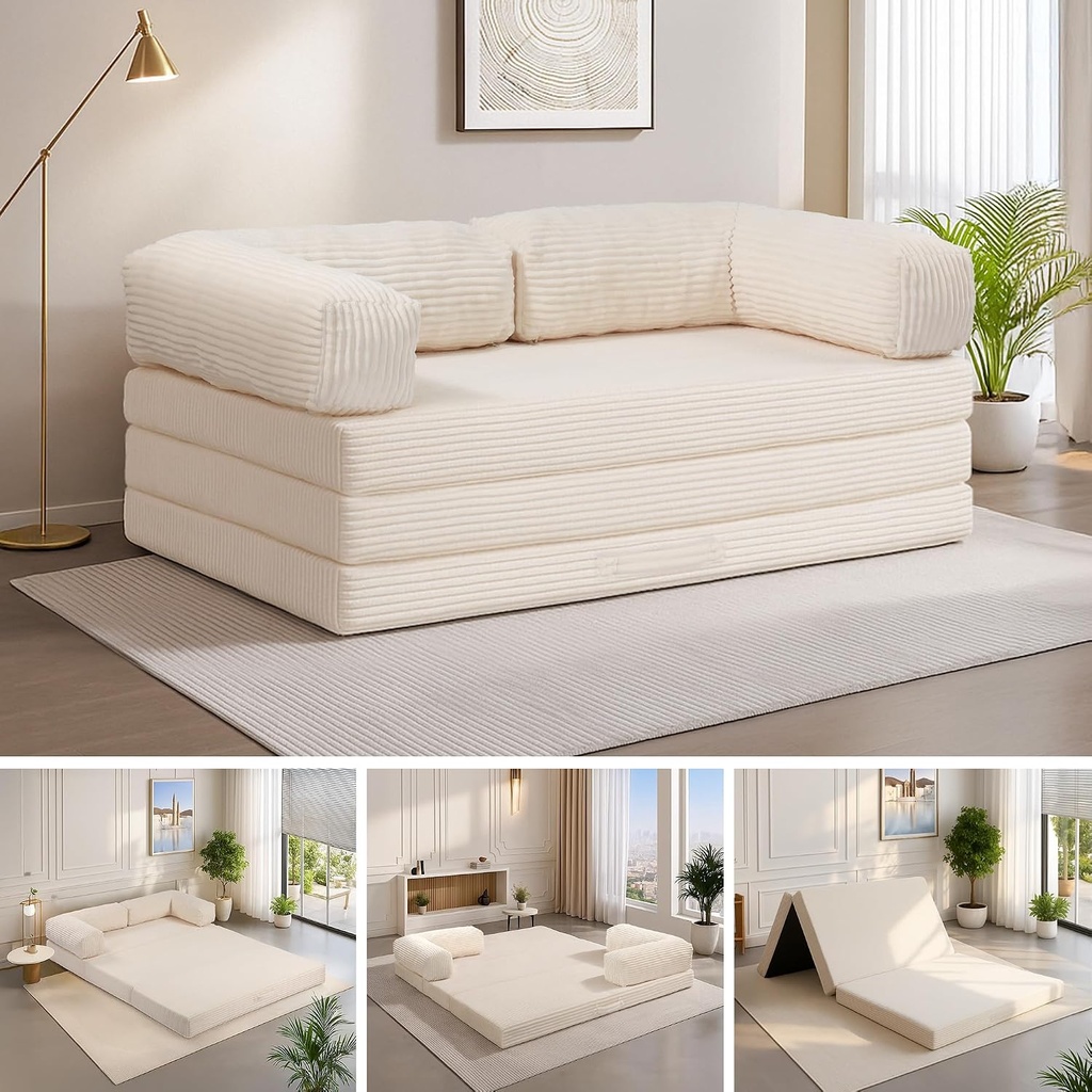5-in-1 Convertible Sofa Bed Queen,Tri-Fold Mattress with Removable L-Shaped Armrests,Corduroy Boneless Couch Floor Sofa Futon Couch Sleeper with Pull Out Bed for Living Room Bedroom Apartment