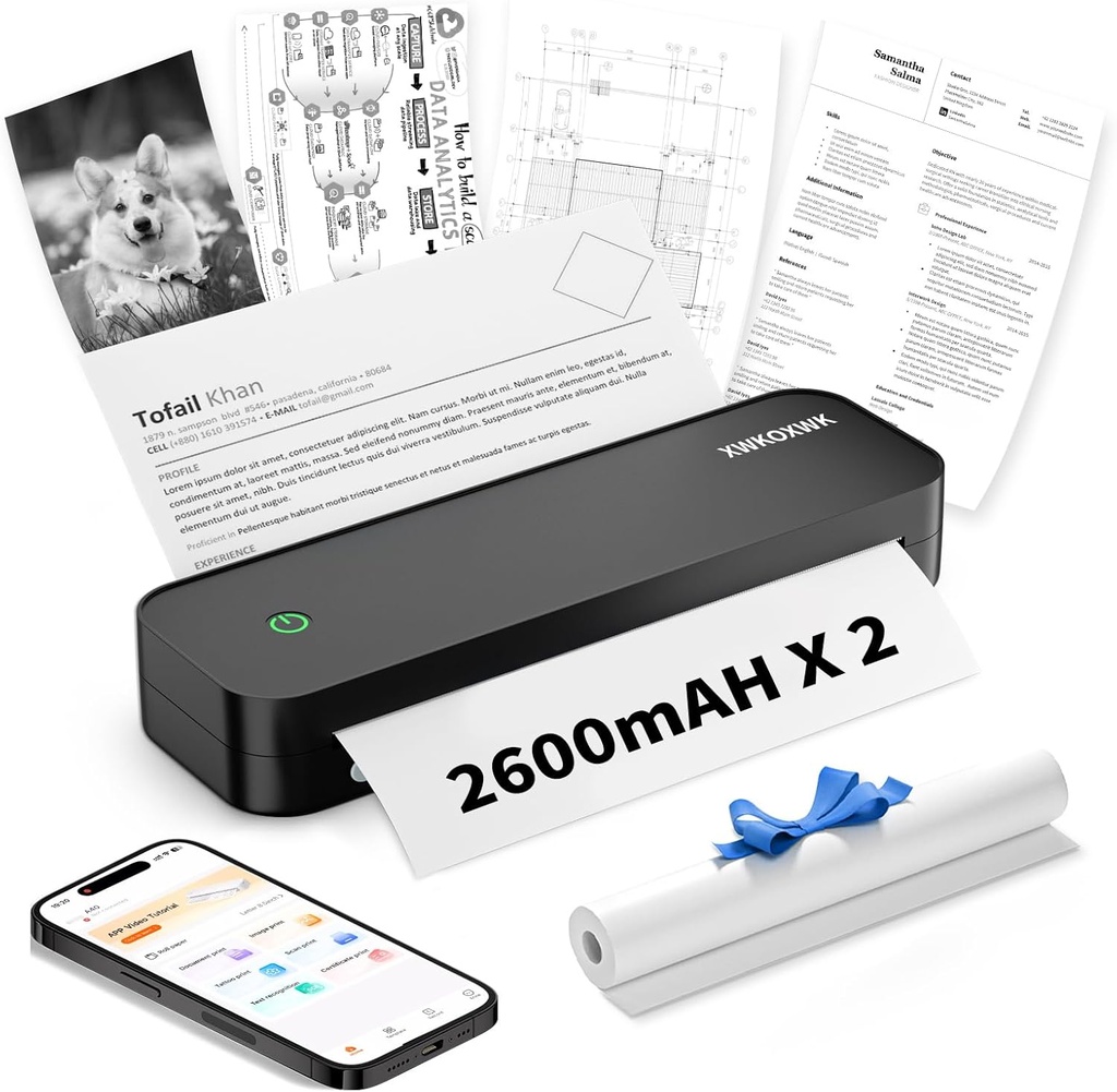 Portable Printers Wireless for Travel,Inkless Thermal Bluetooth Mini Printer Compatible with Android,iOS&Laptop,Support 8.5" X 11" US Letter&A4,Portable Small Mobile Travel Printer for Home