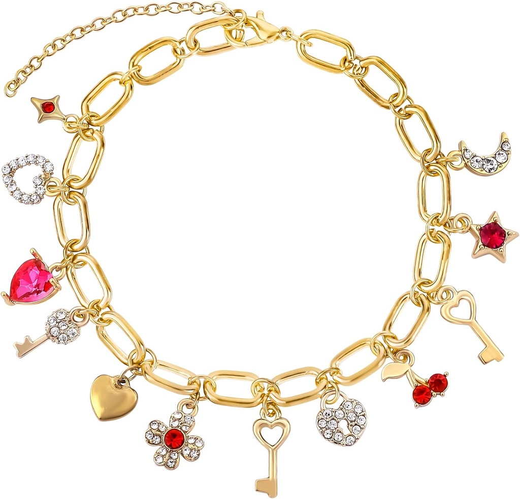 Cute Gold Heart Charm Bracelets for Women Moon Star Cherry Love Heart Lock Key Lucky Clover Charm Gold Chain Link Bracelet Dangle Crystal Pendant Adjustable Party Trendy Y2K Jewelry Gift for Women