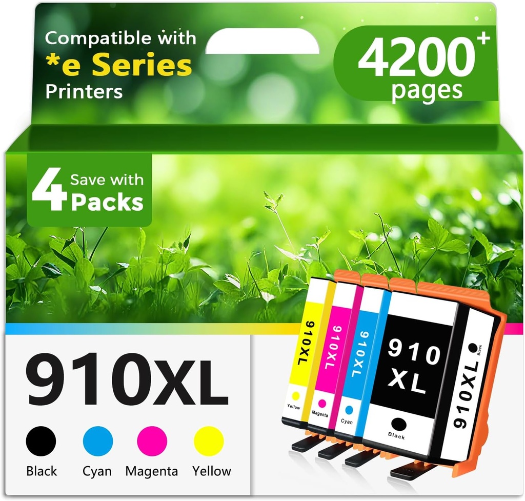 910XL Ink Cartridges Black Color Combo Pack (4-Pack) Replacement for HP 910 XL Work with OfficeJet Pro 8015e 8020e 8022e 8025e 8028e 8035e 8010 8022 8020 8025 8028 8035 8010e 8012e Printer, Black CMY