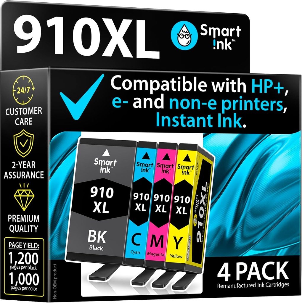 Smart Ink Remanufactured Ink Cartridges Replacement for HP 910XL 910 XL Black and Color Combo Pack to use with OfficeJet Pro 8025e 8025 8028e 8028 8035e 8035 OfficeJet 8015e 8022e 8015 8022 Printers