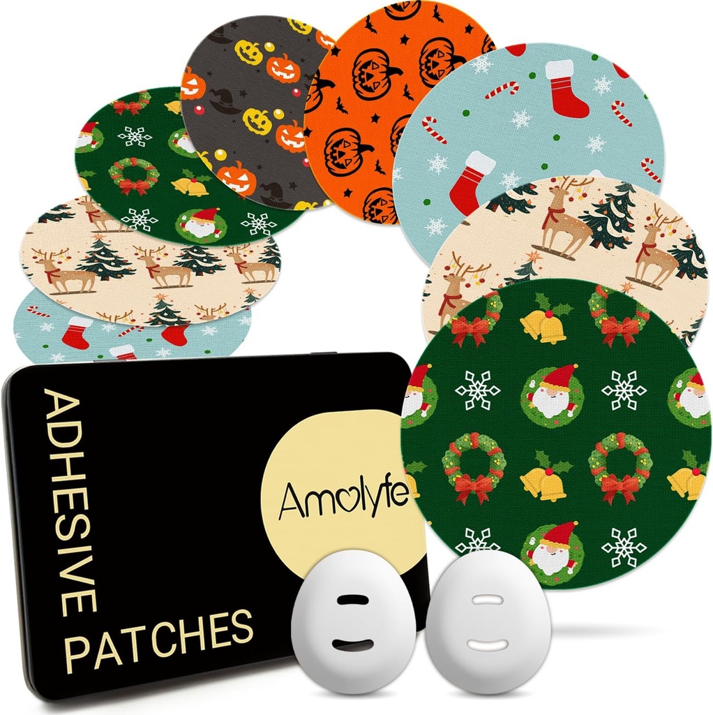 Dexcom G7 & Stelo Adhesive Patches Christmas, Amolyfe 20-Pack Over Patches Waterproof Bump-Proof with 2 Hard Caps and Tin Case, Breathable Medical Overpatch, 10-Day CGM Protection (Holiday)