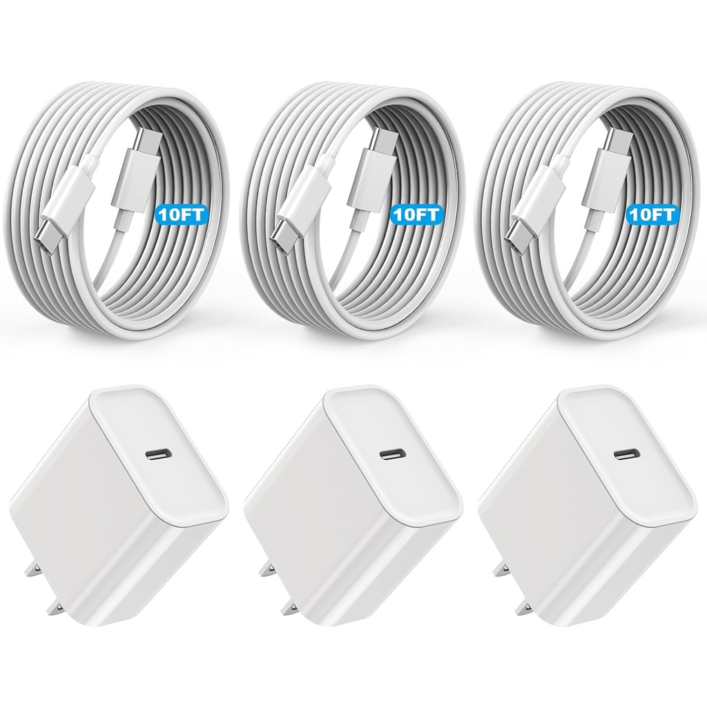 [Apple MFi Certified]Long 10Foot USBC to USBC Cable Fast Charging for iPhone 17/16e/15,3Pack 20W Fast Apple Phone Charger Block 10FT Type C Cord for iPhone 17 Air/17/16/15 Pro/Pro Max/iPad Pro/AirPods
