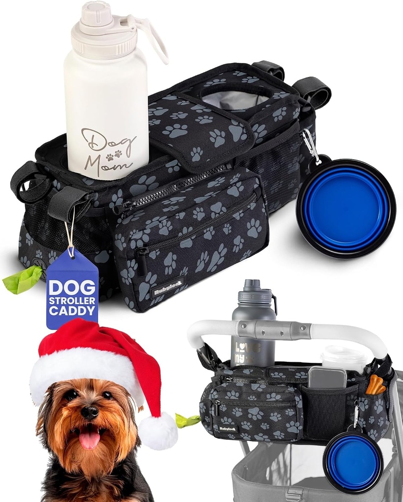 Dog Stroller Caddy Organizer with Poop Bag Dispenser, Treat Pocket, Water Bowl – Dog Stroller Accessories with Insulated Cup Holders, Pet Storage & Non-Slip Fit for 14"-19" Wide Handlebars - Paws