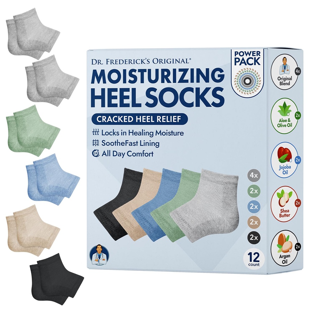 Dr. Frederick's Original Moisturizing Heel Socks for Dry Cracked Heels Treatment - 6 Pairs - Infused with Naturally Nourishing Oils and Butters - Stocking Stuffers for Adults - Power Pack