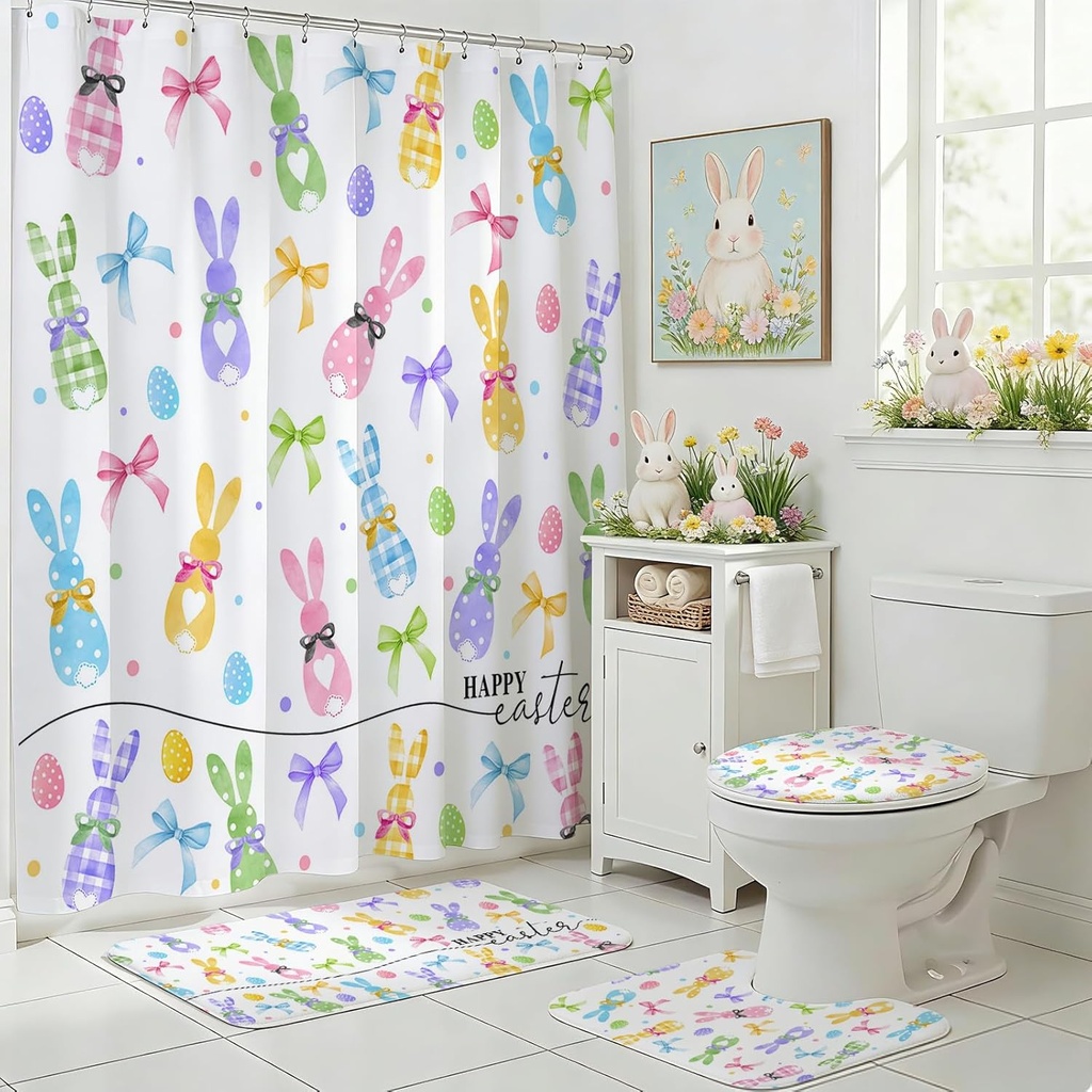 Lindameler Happy Easter Shower Curtain Set for Bathroom Cute Spring Bunny Shower Curtain with 12 Hooks Colorful Eggs Easter Bathroom Decor with with Non-Slip Washable Bath Rugs, Toilet Lid Cover