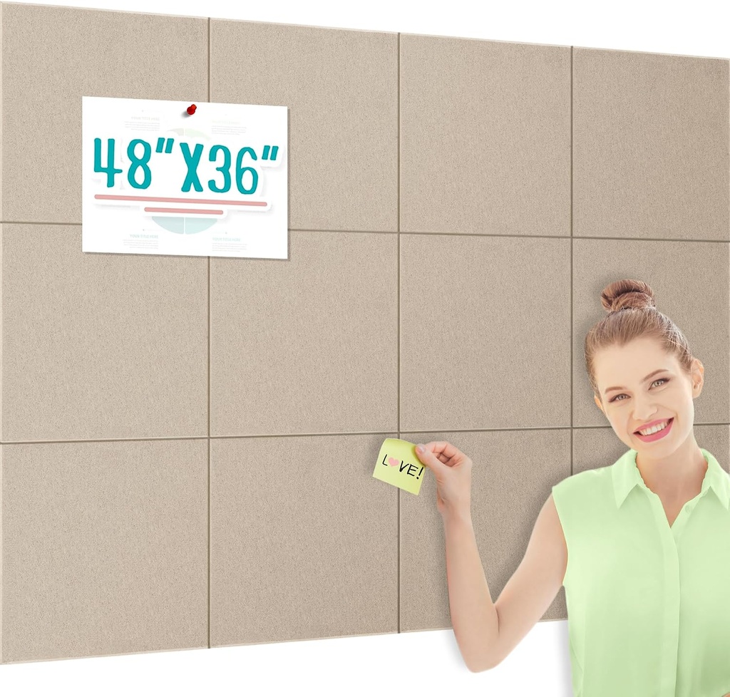 Large Cork Bulletin Board Alternative 48"x36", 12 Pack Felt CorkBoard Tiles for Office Wall with 80 Pushpins, Wall-Friendly Pin Board Notice Boards for Home Office School (Tan, 48x36 inch)