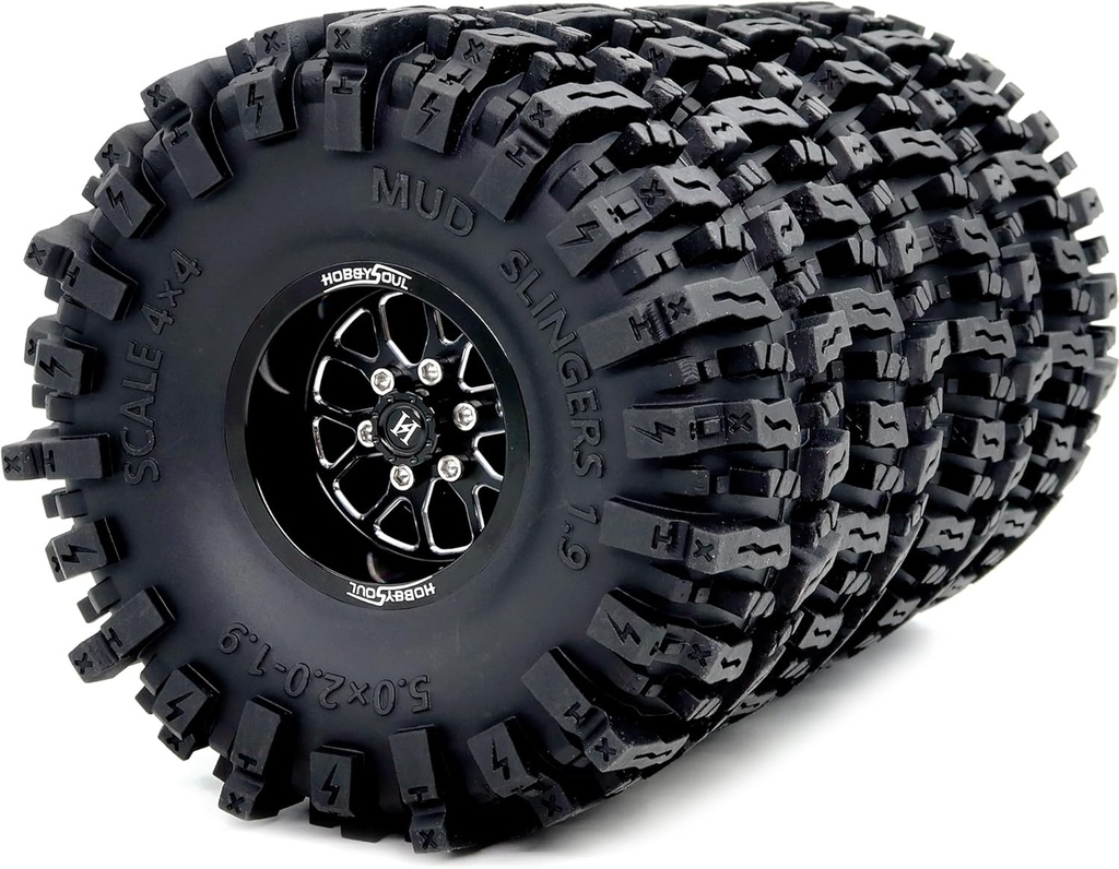 HOBBYSOUL 5.0'' Tall 1.9 Mud Slingers T8 tires & 1.9 Wheels, -10.5mm Negative Offset 1.9 Beadlock wheels and tires For 1/10 Crawler SCX10 TRX4 high Trail Upgrade, HS701547