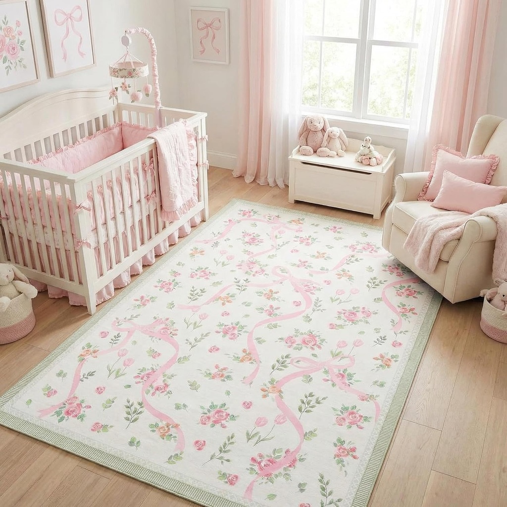 GarveeHome Coquette Pink and Green Bow Rugs for Bedroom Girls, 4x6 Rug for Living Room with Soft Low Pile, Floral Washable Area Rug for Nursery Kids Dorm Playroom