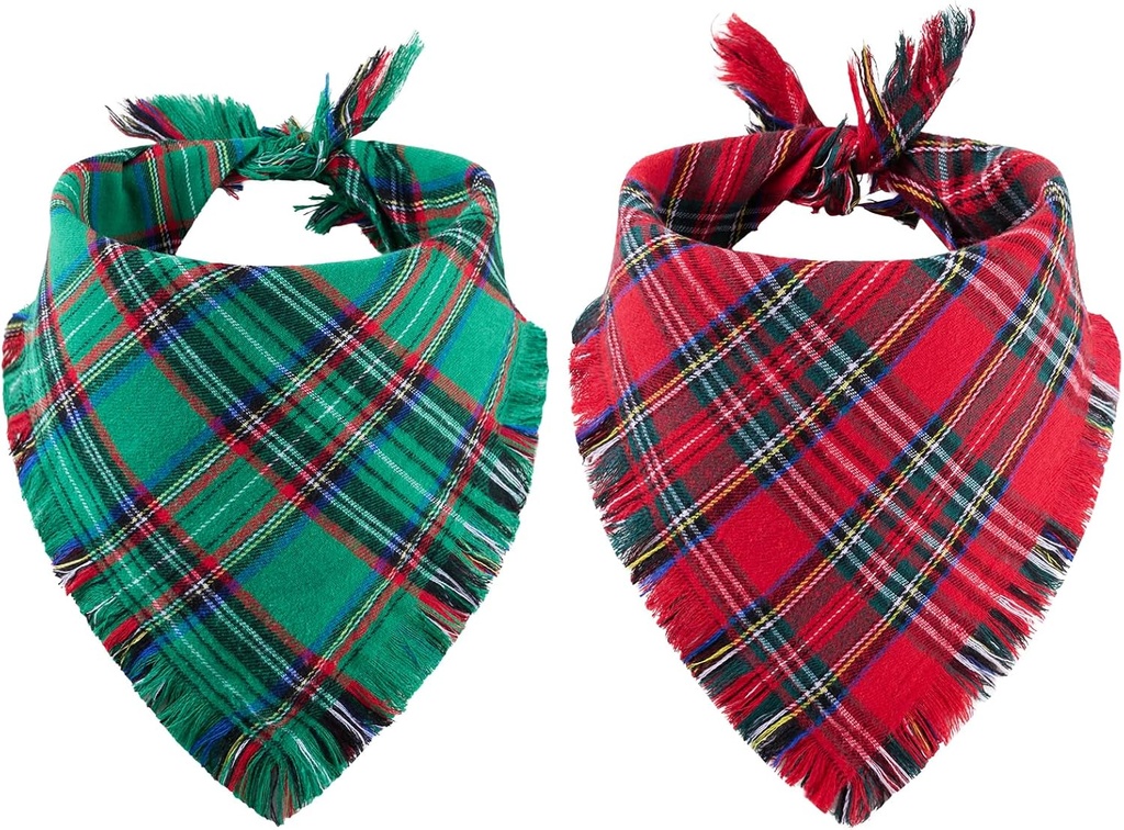 2 PCS Christmas Dog Bandanas with Tassels, Two-Sided Classic Red Green Plaid Dog Apparel & Accessories, Stylish Triangle Holiday Pet Scarf Photo Prop for Medium Large Dogs（Large