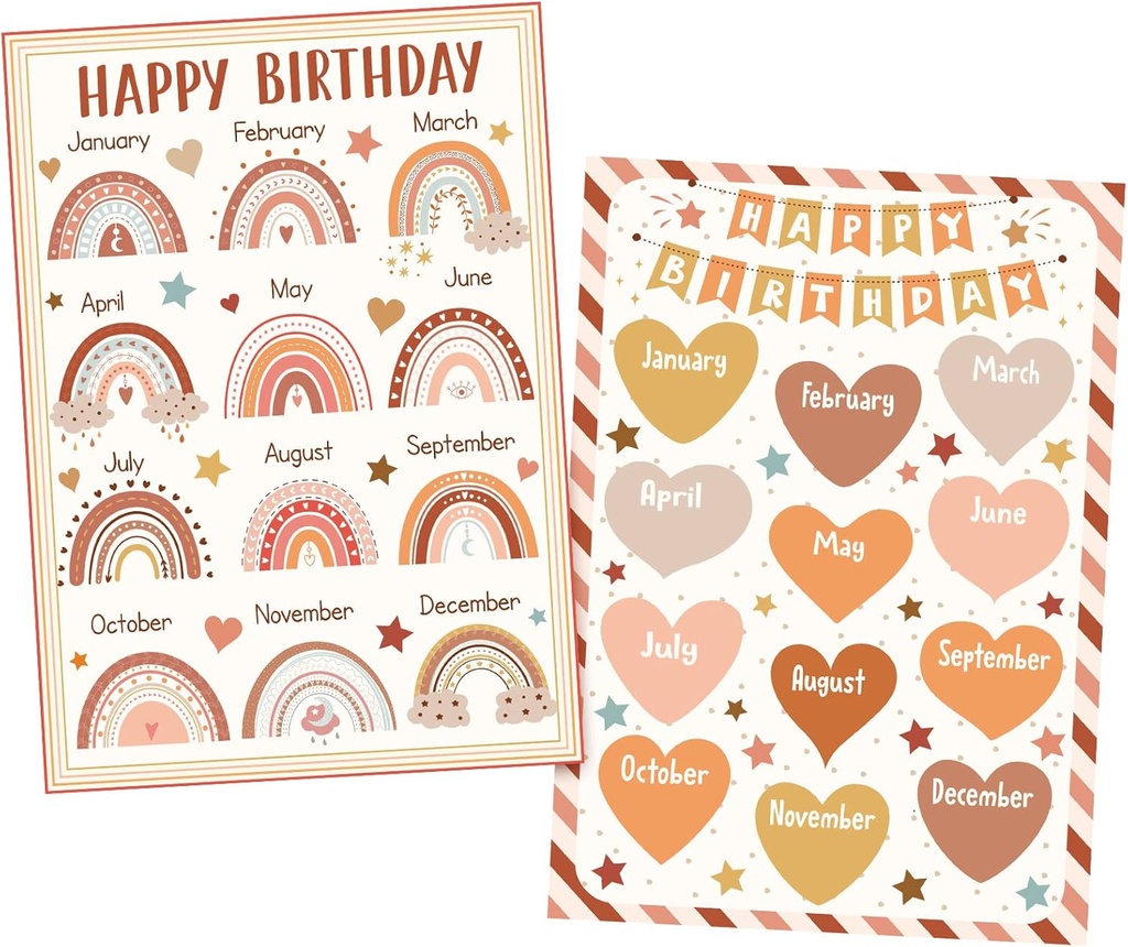 Spakon 2 Pack Boho Happy Birthday Poster Chart for Classroom Birthday Calendar Poster Chart Classroom Decoration Bulletin Board Decor, 12.4 x 17.5 Inch(Boho)
