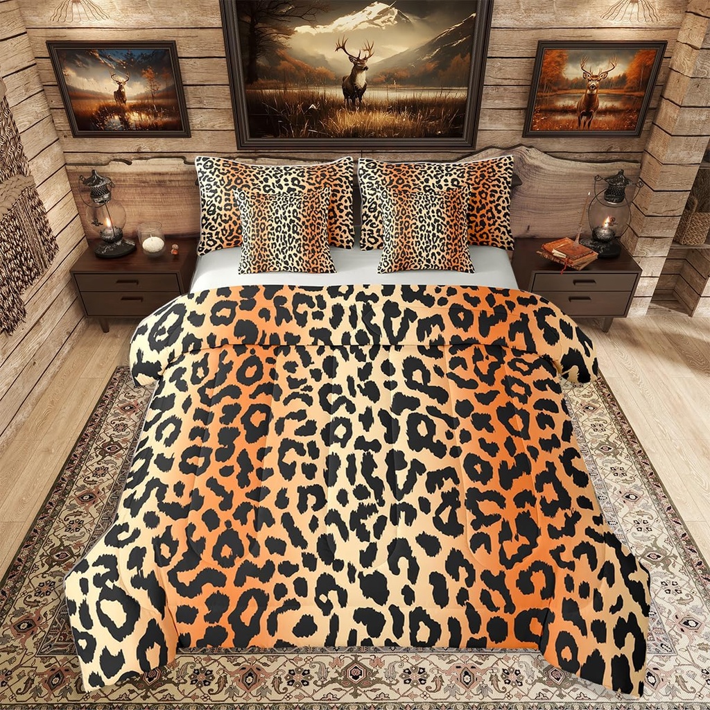Erosebridal Leopard Print Comforter Set King Size for Boys Cheetah Skin Bedding Set 7 Piece Brown Spot Tribal Bed in A Bag for Kids Teens Youth Women Room Western Animal Fur Sheets, Breathable