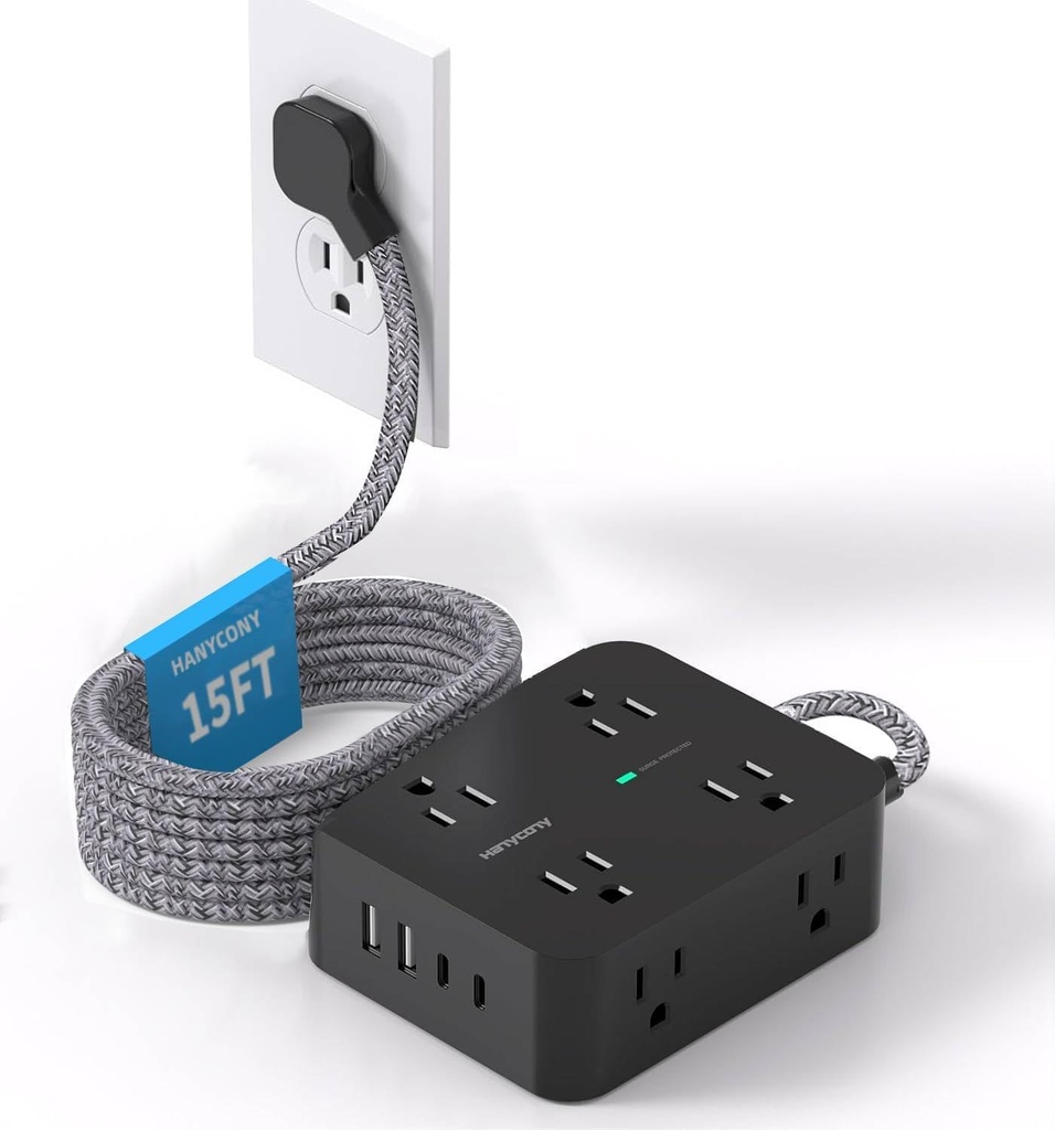 Extension Cord 15 Ft, HANYCONY Long Cord Power Strip with 8 Outlets 4 USB Ports(2 USB C), Surge Protector with Flat Plug, Desk Charging Station for Office Home College Dorm Room Essentials