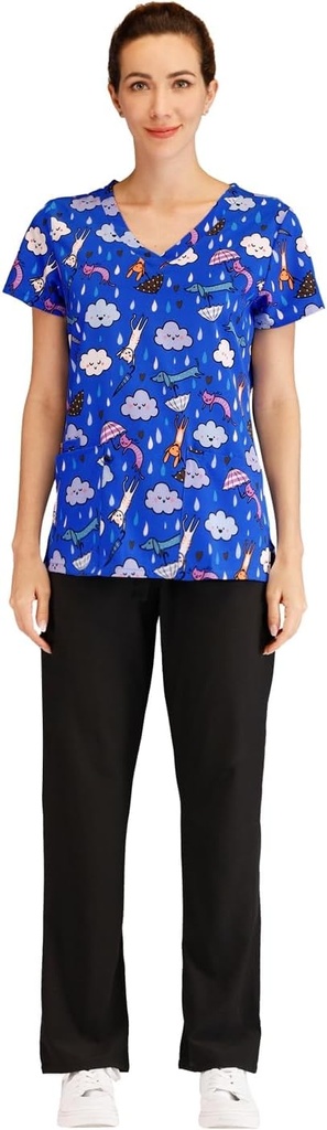 Minty Mint Women's Printed Top Scrubs Sets with Straight Pants