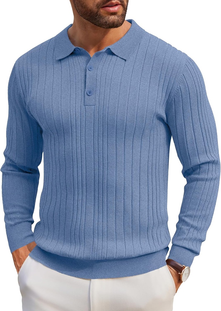 COOFANDY Men's Knit Polo Shirts Long Sleeve Casual Button Down Ribbed Polo Shirt Fashion Golf Shirts