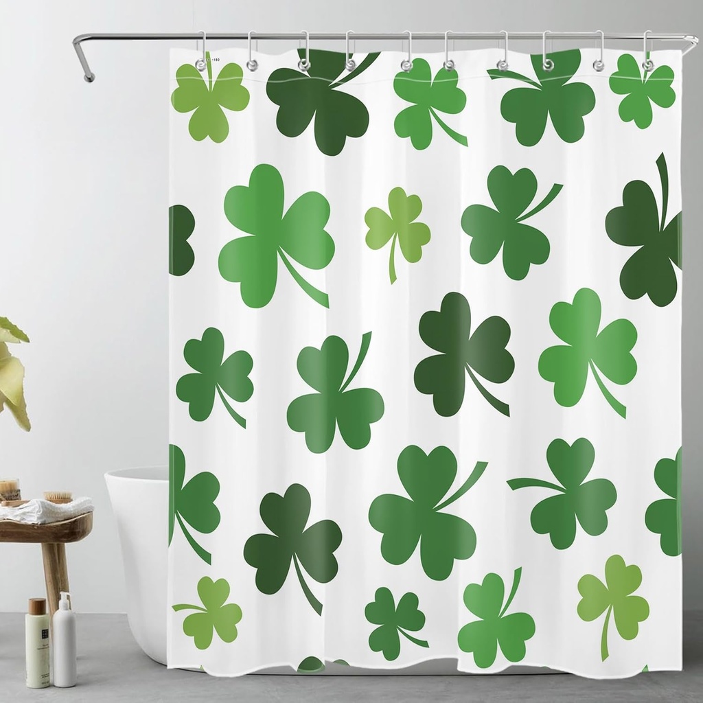 LB Happy St.Patrick's Day Shower Curtain Set Green Lucky Clover Leaves Bathroom Curtain with Hooks,60x72 inch Waterproof Polyester Fabric Bathroom Decorations