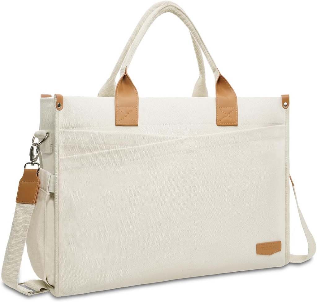 MOSISO Laptop Tote Bag for Women, 15-15.6 inch Canvas Laptop Bag, Large Capacity Work Computer Shoulder Handbag with Cup Holder for Travel, Office, College, Beige