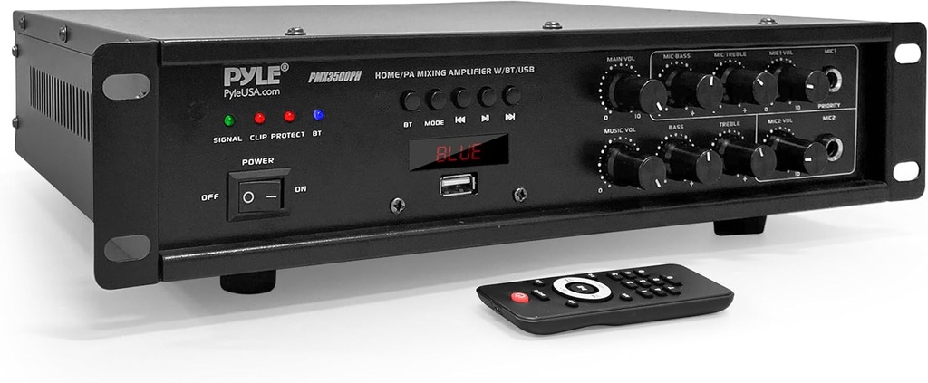 Pyle Bluetooth PA Mixing Amplifier - 500W Home Audio Rack Mount Stereo Power Amplifier, Digital LED Display, USB/AUX/Mic, Optical/Coaxial, AC-3, 70V/100V Output - PMX3500PH