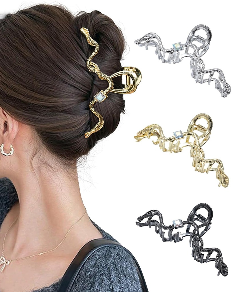 3 PCS Metal Hair Claw Clips Rhinestone Large Hair Clips Strong Hold Non-Slip Hair Barrette for Thick and Thin Hair（Chain）