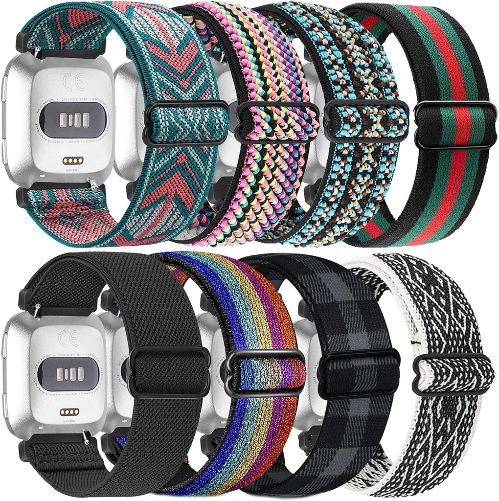 8 Pack Nylon Replacement Band Compatible with Fitbit Versa 2 / Versa Bands for Women Men, Adjustable Stretchy Solo Loop Fabric Strap
