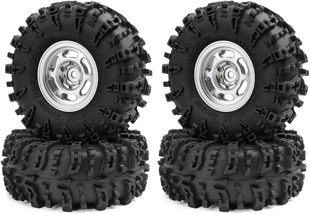 MORLORDY 4Pcs 1.3" Beadlock Wheels and Tires Set for SCX24 Ascent-18 TRX4M 1/18 1/24 RC Crawler Car Upgrade Parts (Style A - Silver)