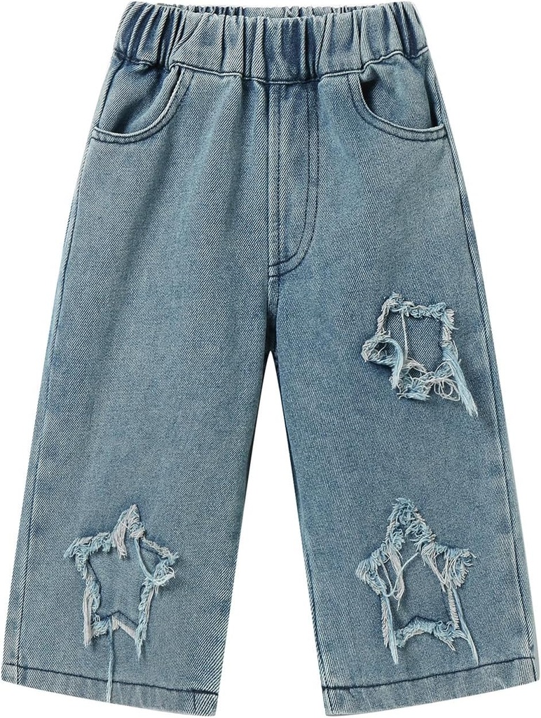 Mud Kingdom Girls Jeans with Elastic Waist Pull On Wide Leg Pants Denim Blue Loose Stretch