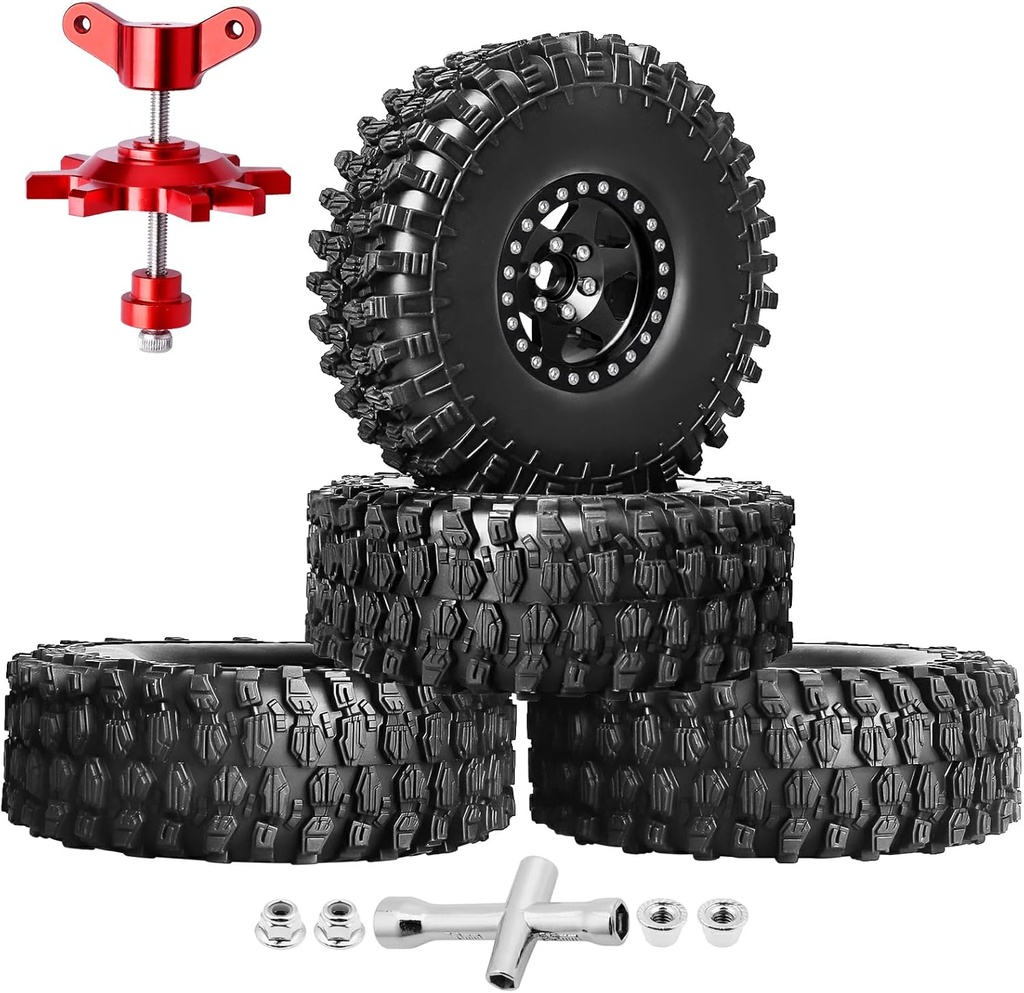 Hobbypark 1.9 Beadlock Wheels and Tires 120mm / 4.72inch Height and Mounting Install Tool for 1/10 RC Crawler with Foam Inserts,Set of 4 (Black)