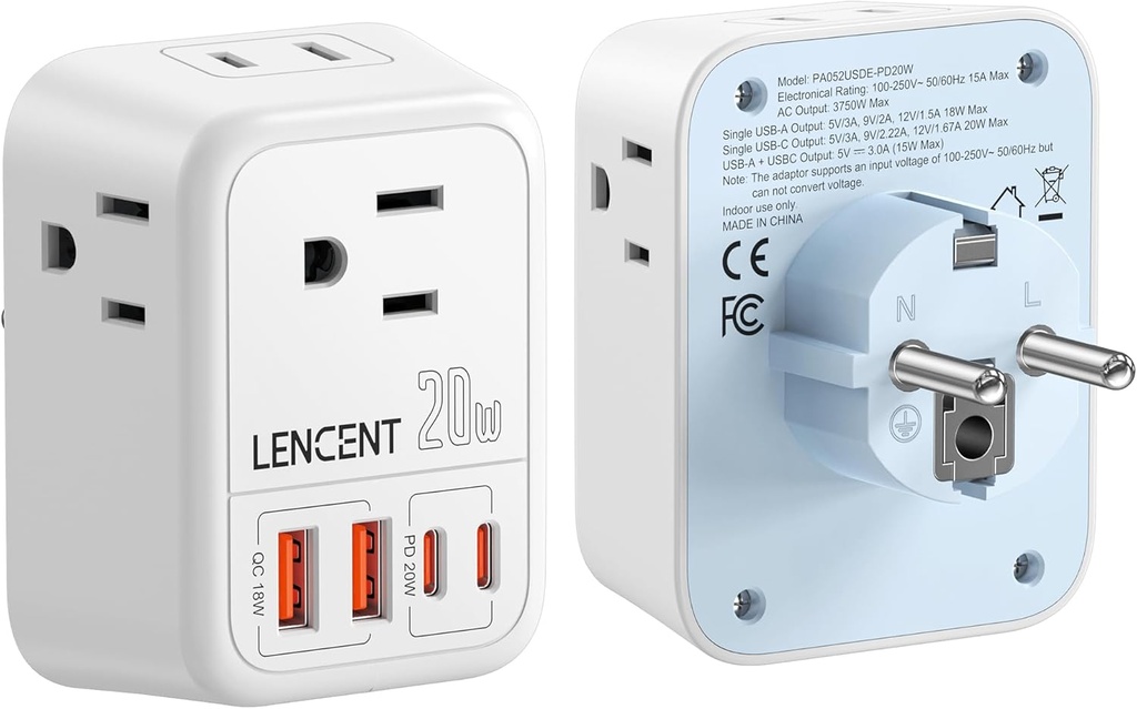 LENCENT Germany France Travel Power Adapter, PD 20W USB C Fast Charger Adaptor, Schuko Type E F Plug Adapter with 4 Outlet, Essentials for US to Europe EU Spain Greece Russia German
