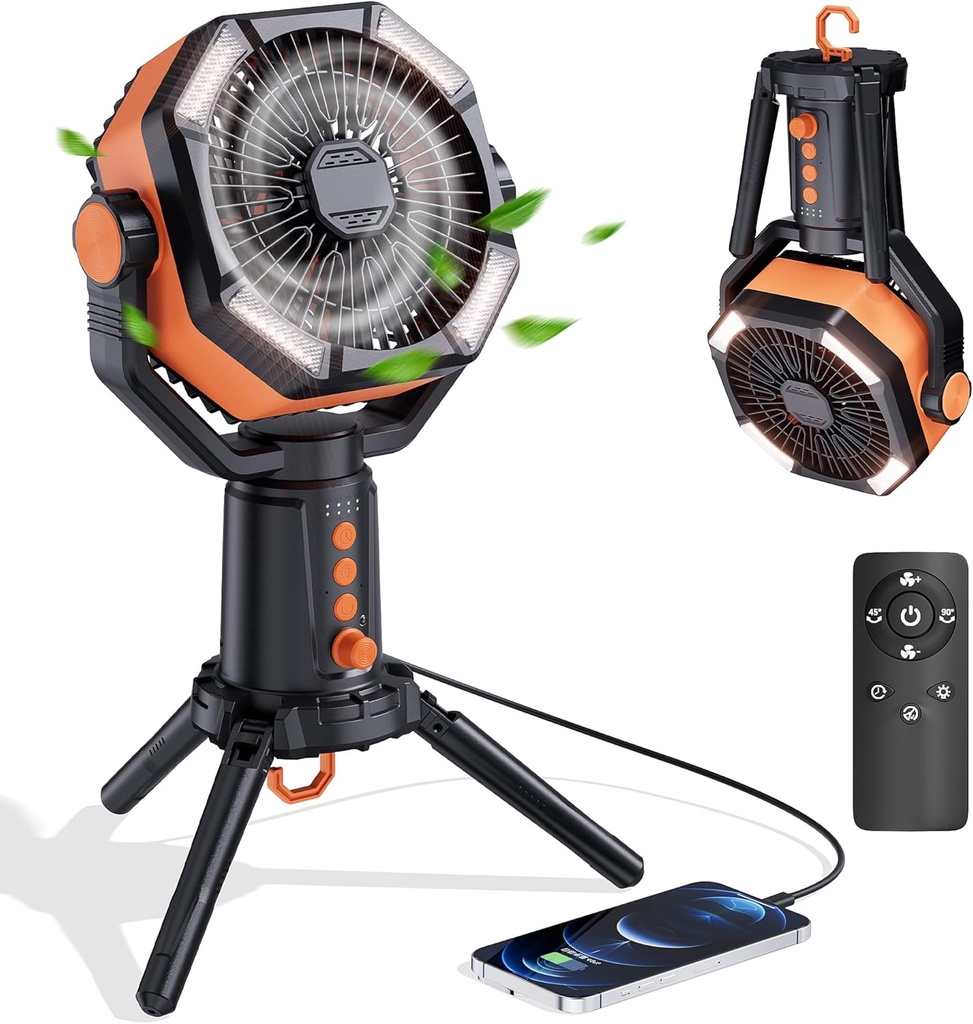 MORIKO Table Fans Tripod, 20000mAh Rechargeable Battery Operated Portable Tent Fan with LED Lantern, Remote Control, Hook, 270° Pivot, Stepless Speed-Ideal for Camping, Picnic, Barbecue, Jobsite