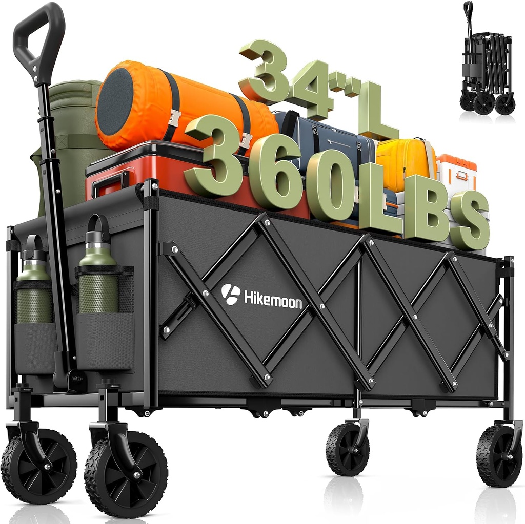 34'' Extra Long Collapsible Wagons Carts Foldable, 360LBS Heavy Duty Folding Beach Wagon with Wheels, Portable Utility Outdoor Cart for Grocery, Garden, Sports, Camping, Grey