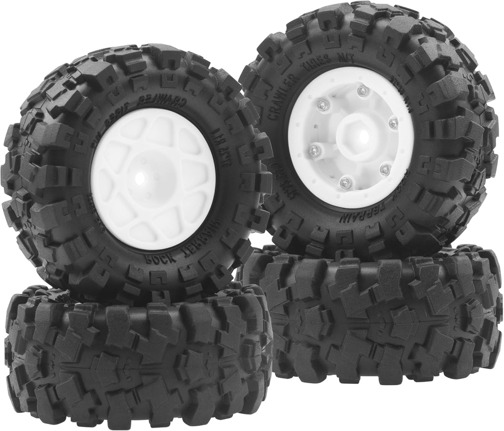 4Pcs Vgoohobby RC 1.0 Beadlock Wheels and Tires Plastics Rims OD 57 x 25mm Rubber Tire Compatible with 1/18 1/24 Axial SCX24 Traxxas TRX4M FMS FCX24 FCX18 AX24 RC Crawler (White)