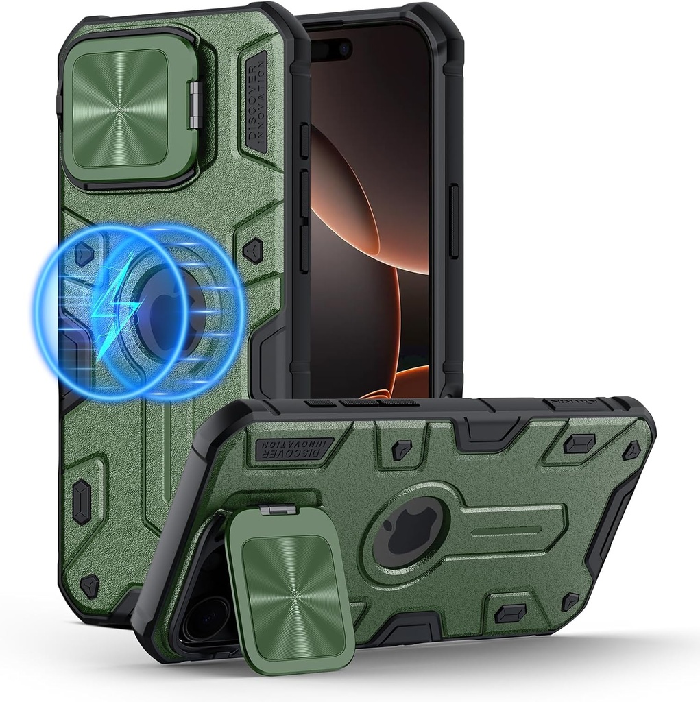 Nillkin Magnetic for iPhone 16 Pro Max Case, Compatible with MagSafe, Military-Grade Case with Invisible Kickstand & Camera Cover, Heavy Duty Magnetic Phone Case for 16 Pro Max 6.9 inch, Green