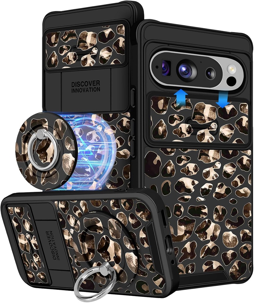 Buleens for Google Pixel 9 Pro XL Case 6.8" - with Ring Stand & Camera Cover Aesthetic Cute Designed Women Girls Cool Unique Brown Leopard Teens Phone Case for Pixel 9 Pro XL Compatible with Magsafe