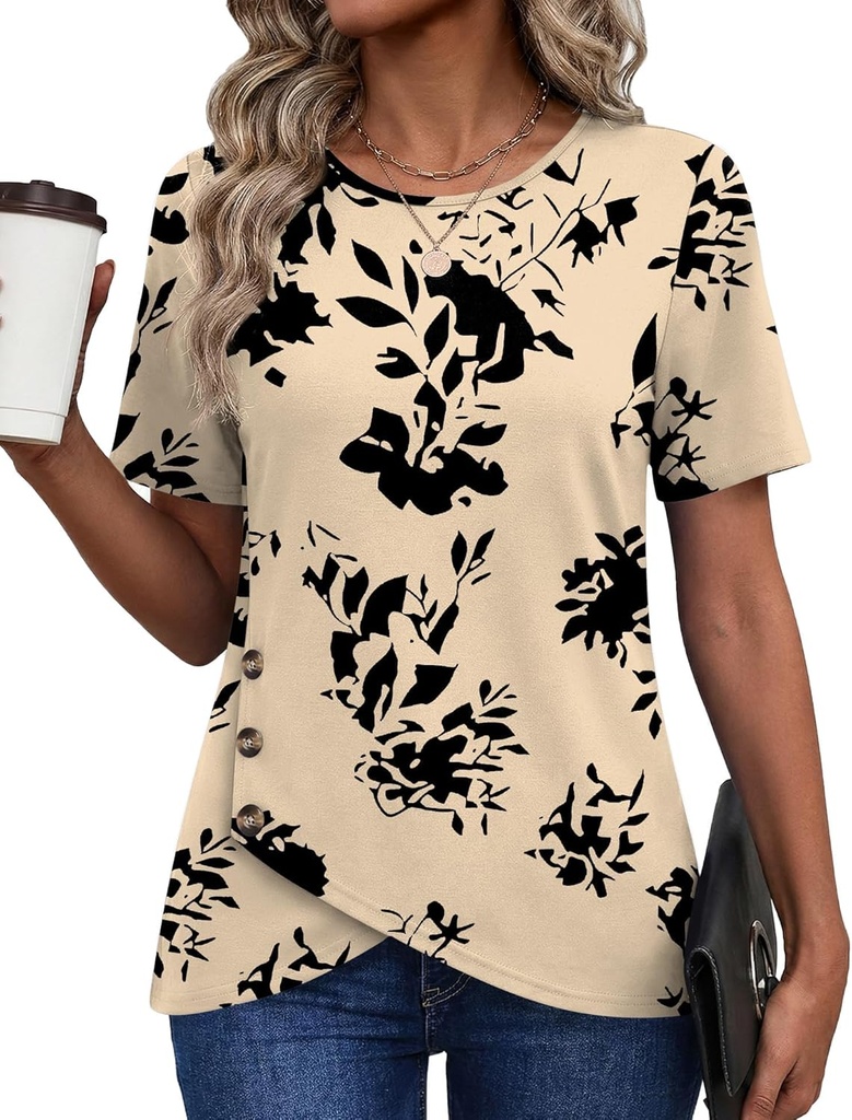 AKEWEI Womens Tops Short Sleeve Shirts Crew Neck Tunic with Buttons Spring Summer Outfits for Women Trendy 2026