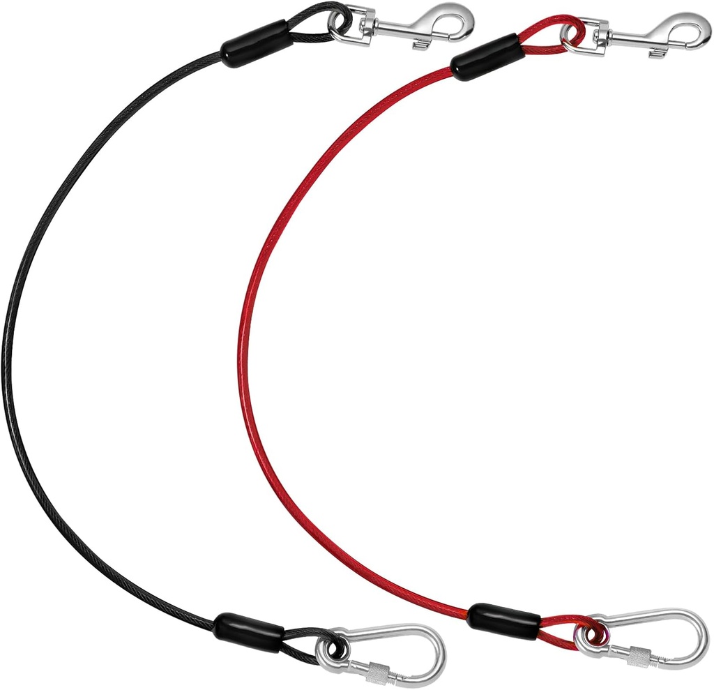 Pawaboo DogSeatbelt, Chew-Proof Leash Extender, Coated Steel Rope Restraint Car Safety Seat Belt Clip Strap, 360° Rotation Hook Heavy Duty Carabiner Steel Cable, 26 Inch, 2 Pack, Black+Red