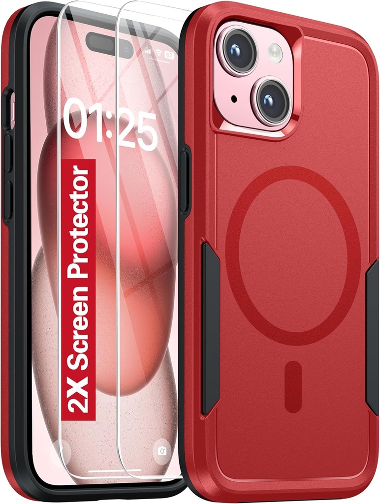 Oterkin Magnetic for iPhone 15 Case, [Compatible with MagSafe],[Strong N52 Magnets] Phone Case with [2Pcs Tempered Glass Screen Protectors][10FT Military Grade Protection] (K-Red)