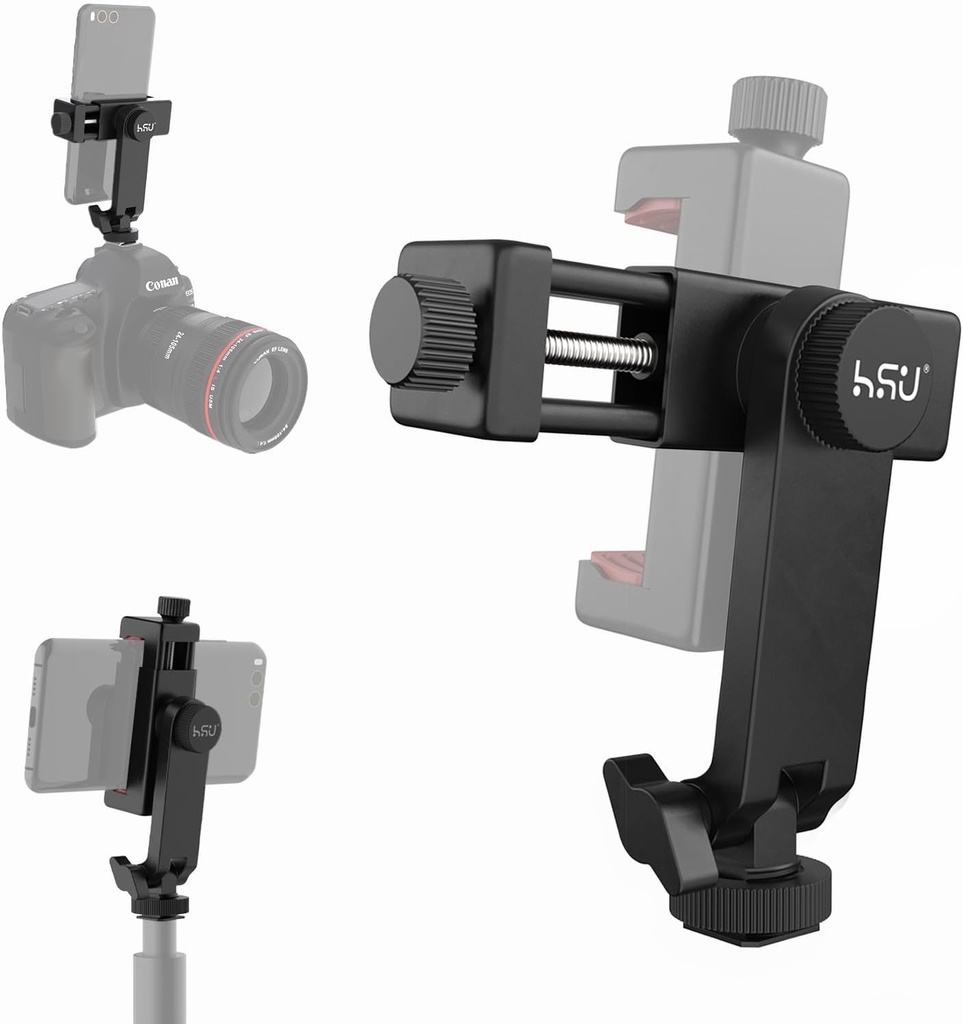 HSU Cell Phone Tripod Adapter with Cold Shoe Mount, Universal Phone Support Compatible with iPhone Samsung Galaxy Android Sony Canon etc. (Red)