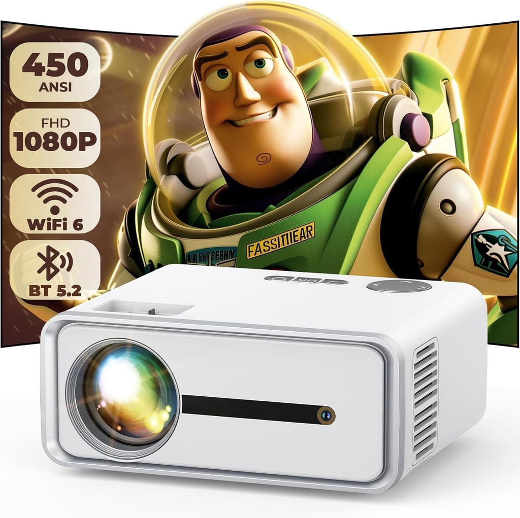 Generic Mini Projector with WiFi and Bluetooth, 450 ANSI 1080P FHD Home Movie Projector, Portable Outdoor Projector Compatible with 250" Display + Zoom, White