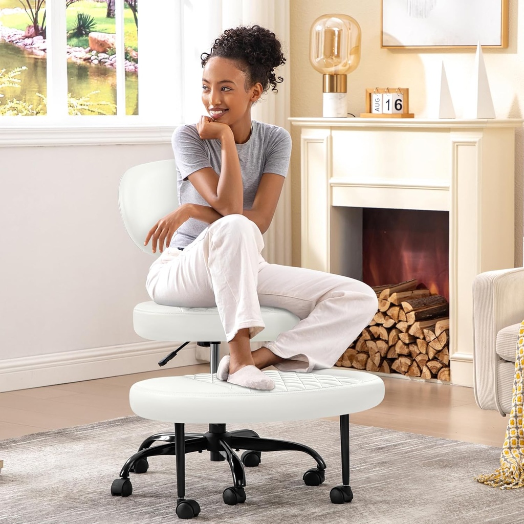 Ergonomic Cross Legged Office Chair with Wheels - Adjustable Height for Meditation, ADHD Desk & Yoga - Wide Criss Cross Design with Lumbar Support, Kneeling Chair - White