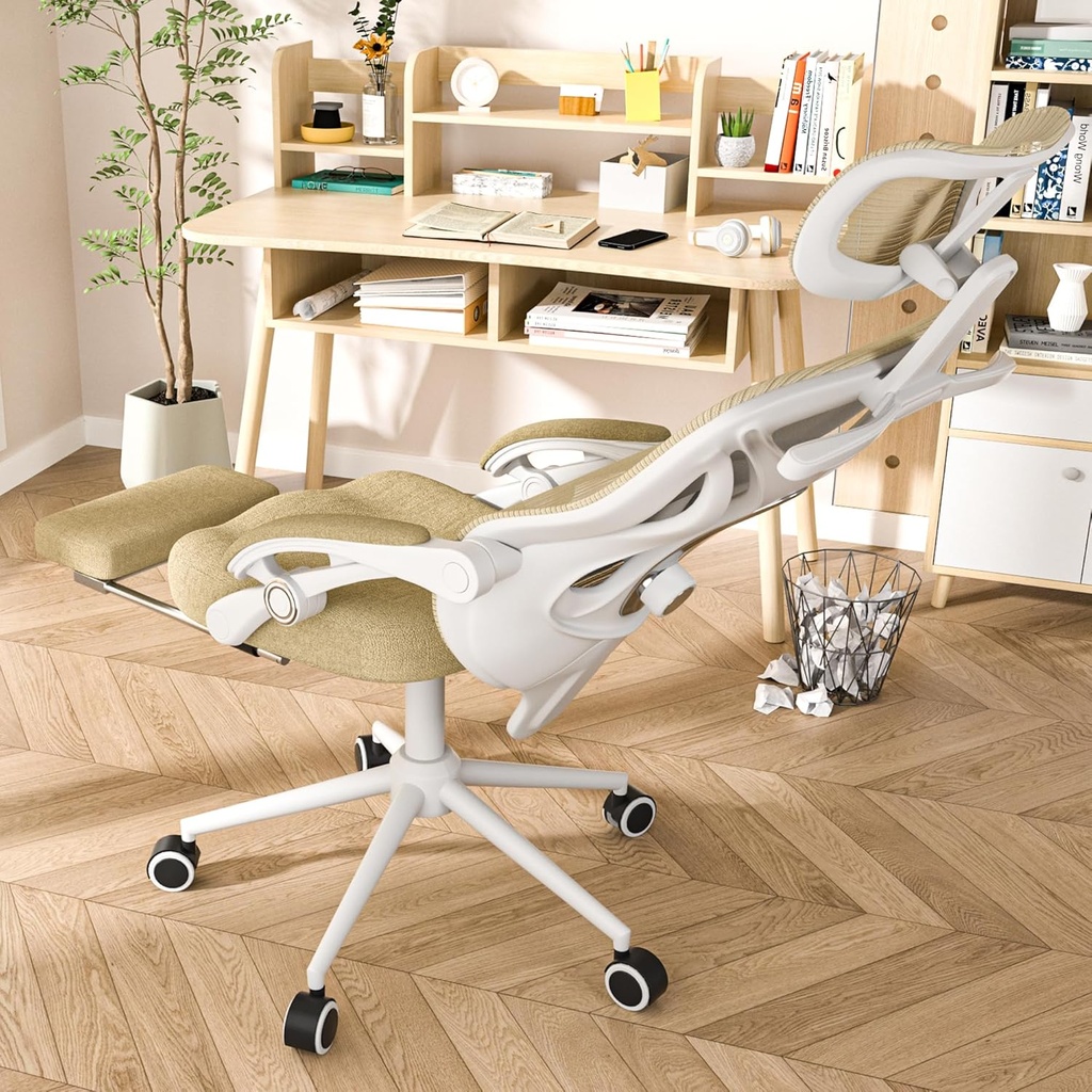 Ergonomic Office Chair - Adjustable Lumbar & Headrest, 90-160° Reclining with Footrest, Breathable Mesh Back - Home Office/Gaming Computer Chair (Beige, 300lbs Capacity)