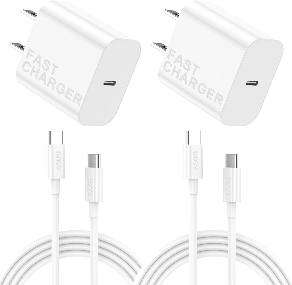 Fast Charger for iPhone 17 16 15，2 Pack 60W USBC to USBC Cable Cord with 20W Apple iPad USB C Wall Chrager Type-c Block (White, 6ft)