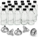 20 Pack, 4 oz Small Clear Glass Bottles with Lids & 5 Stainless Steel Funnels - 120ml Boston Sample Bottles for Potion, Juice, Wellness, Ginger Shots, Whiskey, Liquids - Mini Travel Essential Bottle