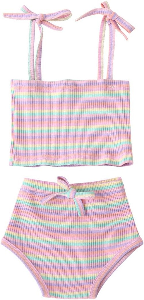 MODNTOGA Newborn Toddler Baby Girls Summer Clothes Set Rainbow Outfits Sleeveless Halter Tank Top Striped Shorts Pants