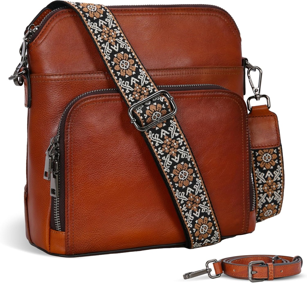 Iswee Leather Crossbody Bags for Women Multi Pockets Medium Shoulder Bag Lightweight Functional Travel Purse
